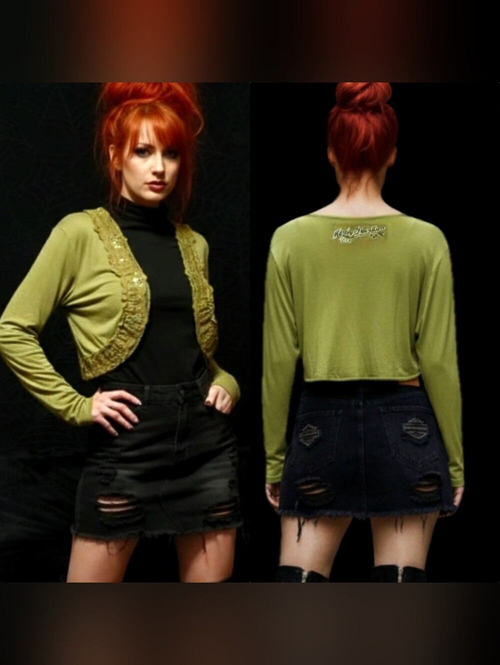 Vtg Y2K Harley Davidson olive green sequins lace long sleeve bolero shrug L NWT